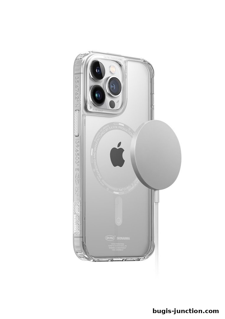 A clear phone case with a magnetic charger attached to the back of an iPhone.