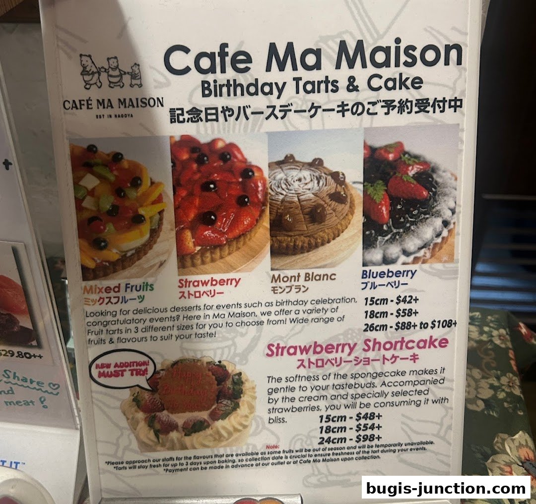 A menu showcasing birthday tarts and cakes from Cafe Ma Maison.