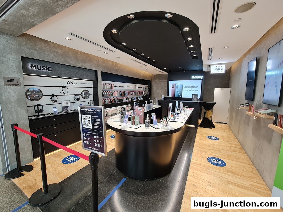Interior of a Samsung Experience Store showcasing Galaxy phones and AKG headphones.