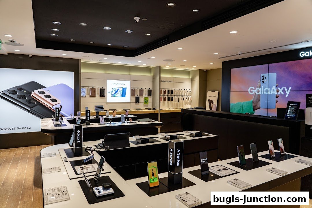 Interior of a Samsung Experience Store showcasing Galaxy phones and accessories on display.