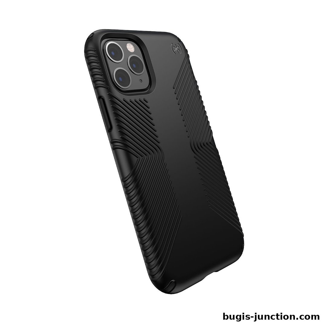 A black phone case with a textured grip pattern for a smartphone.