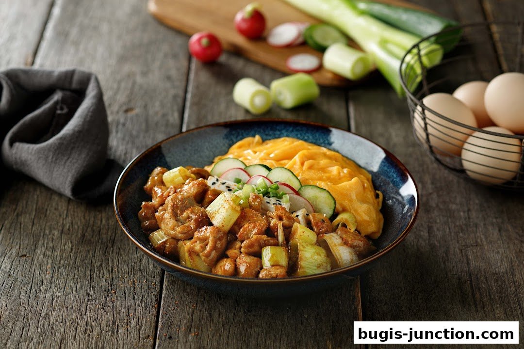 A delicious bowl of Japanese-style chicken and scrambled eggs with fresh vegetables.
