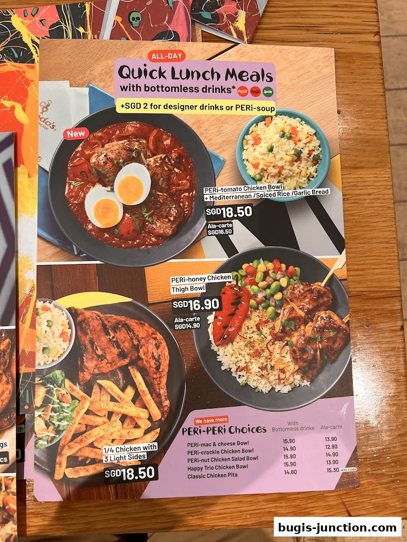 A menu from Nando's featuring quick lunch meals and PERi-PERi chicken choices.