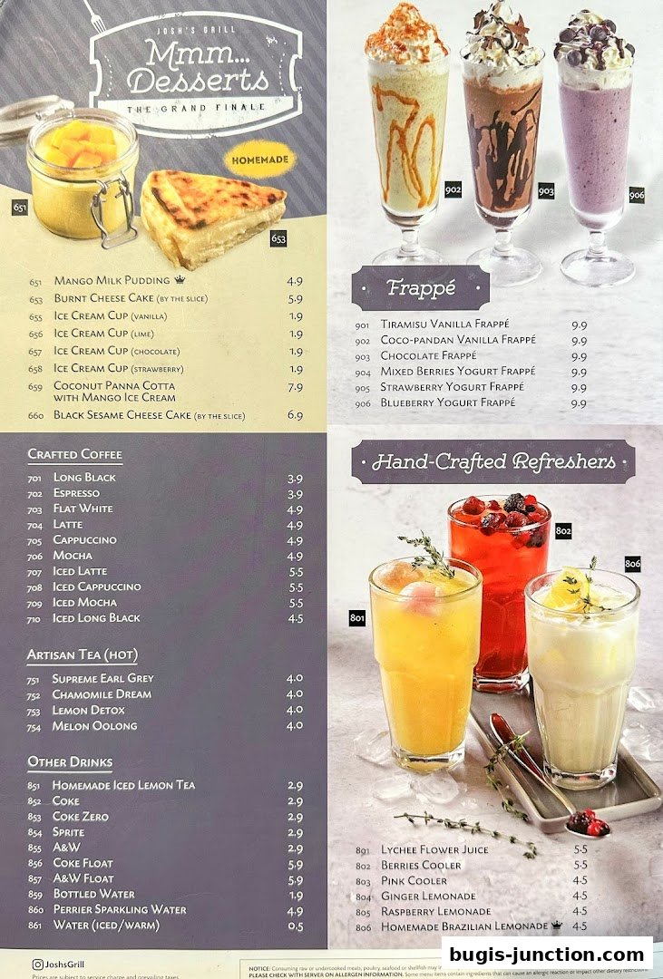 A menu from Josh's Grill featuring desserts, frappes, crafted coffee, artisan tea, and refreshing drinks.