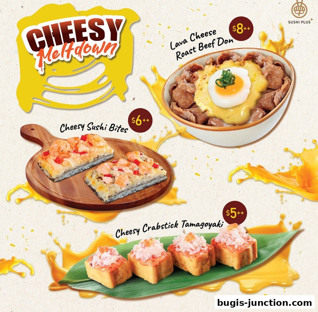 A promotional image showcasing Sushi Plus's cheesy menu items with prices.