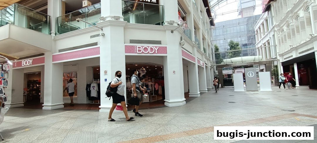 The Body Shop storefront with people walking by in a modern shopping arcade.