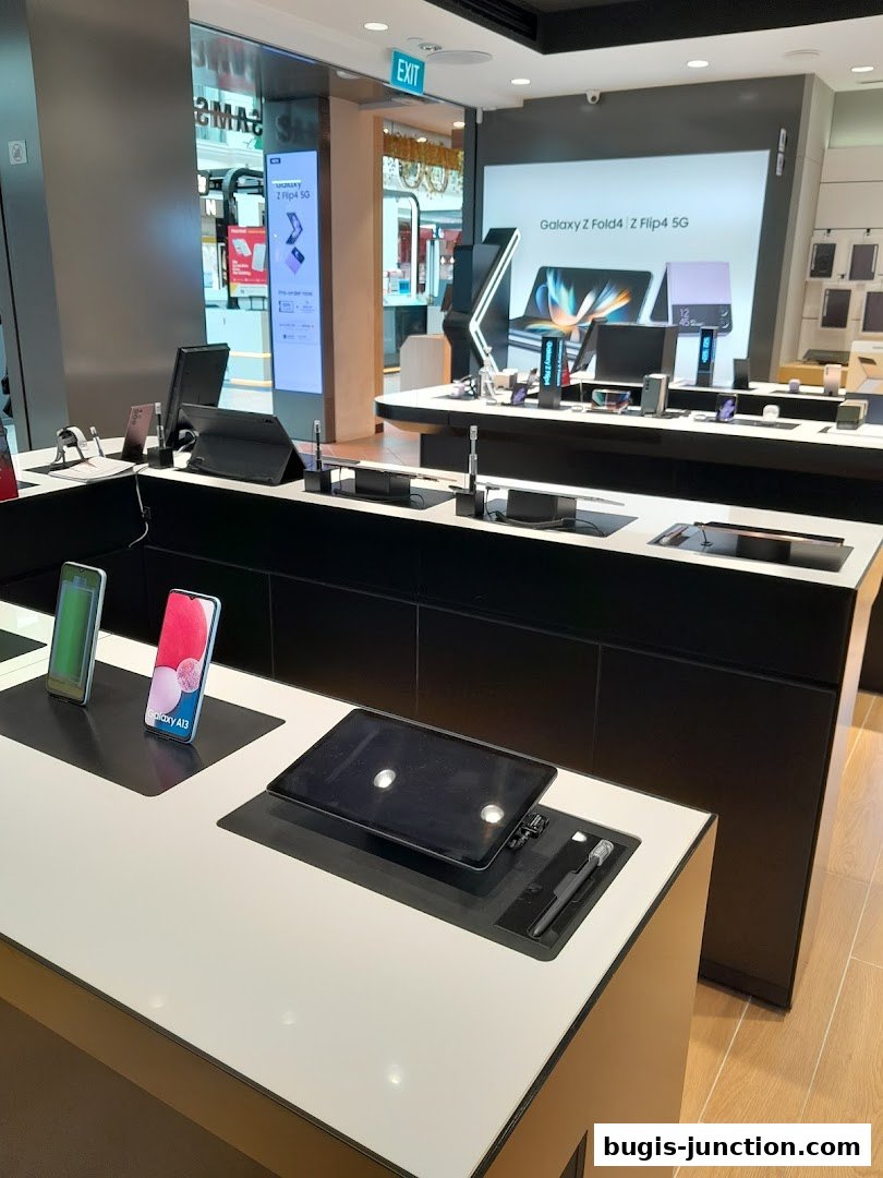 Interior of a Samsung Experience Store showcasing latest Galaxy Z Fold and Flip phones.