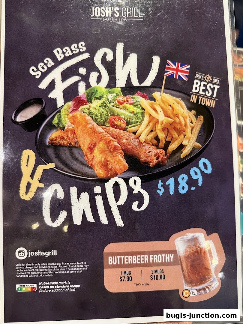 A menu item for Josh's Grill featuring Sea Bass Fish & Chips and Butterbeer Frothy.