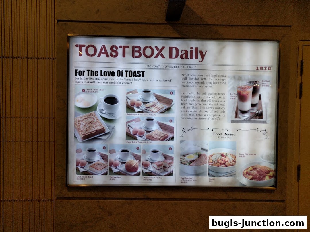 A menu board for Toast Box featuring various toast items and local dishes.