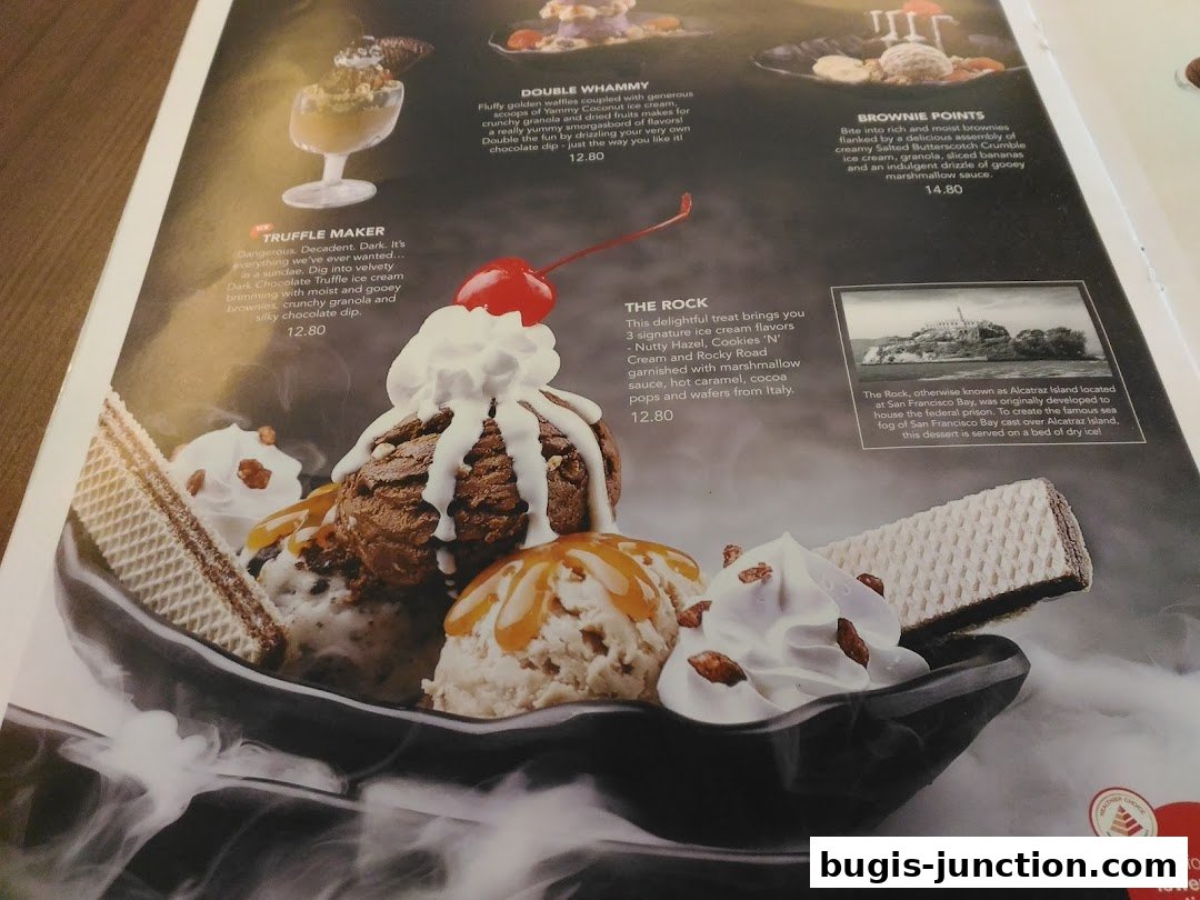 A menu page showcasing various ice cream sundaes with detailed descriptions and prices.