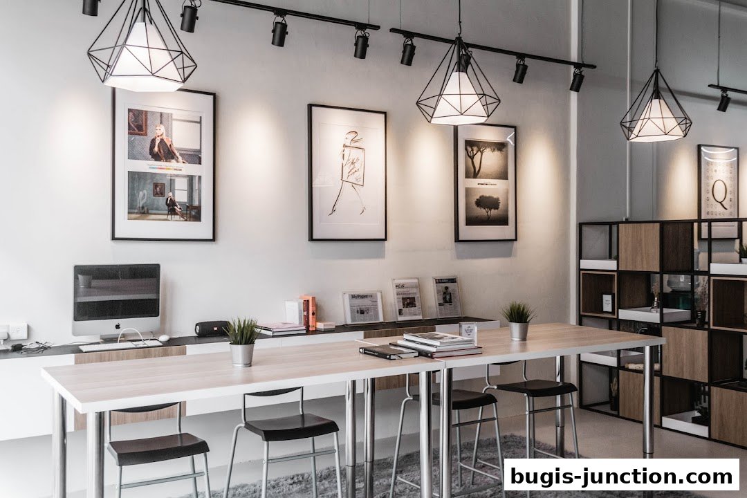 Interior shot of a modern shop with a long table, chairs, artwork, and shelving.