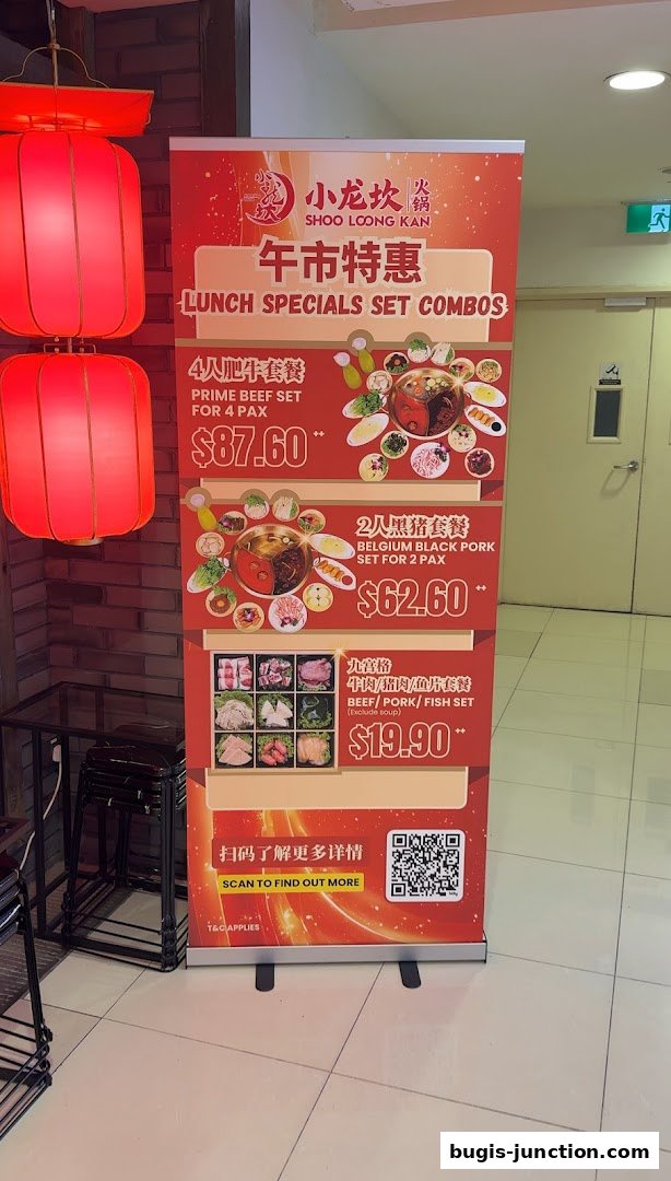A promotional banner for Xiao Long Kan Hotpot featuring lunch specials and set combos.
