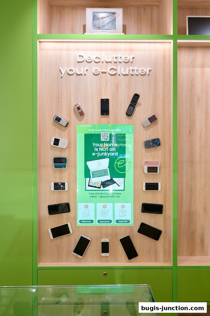 A display showcasing old mobile phones and a vintage television for e-waste recycling.