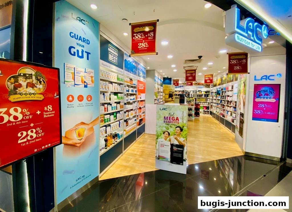 Interior view of LAC Nutrition For Life store with shelves stocked with health products and promotional displays.