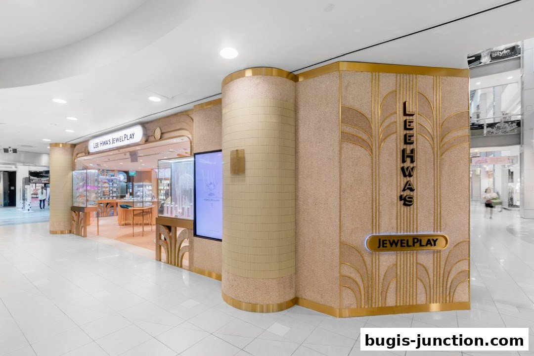 The elegant Lee Hwa Jewellery store entrance with illuminated signage and display cases.