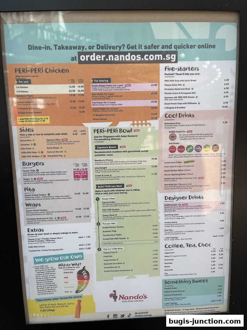 A Nando's menu featuring PERI-PERI chicken, sides, bowls, drinks, and desserts.