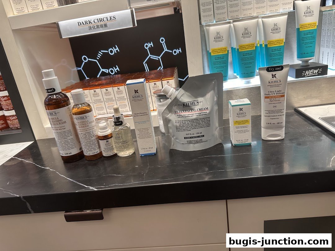 A selection of Kiehl's skincare products displayed on a counter with a dark, marble-like surface.