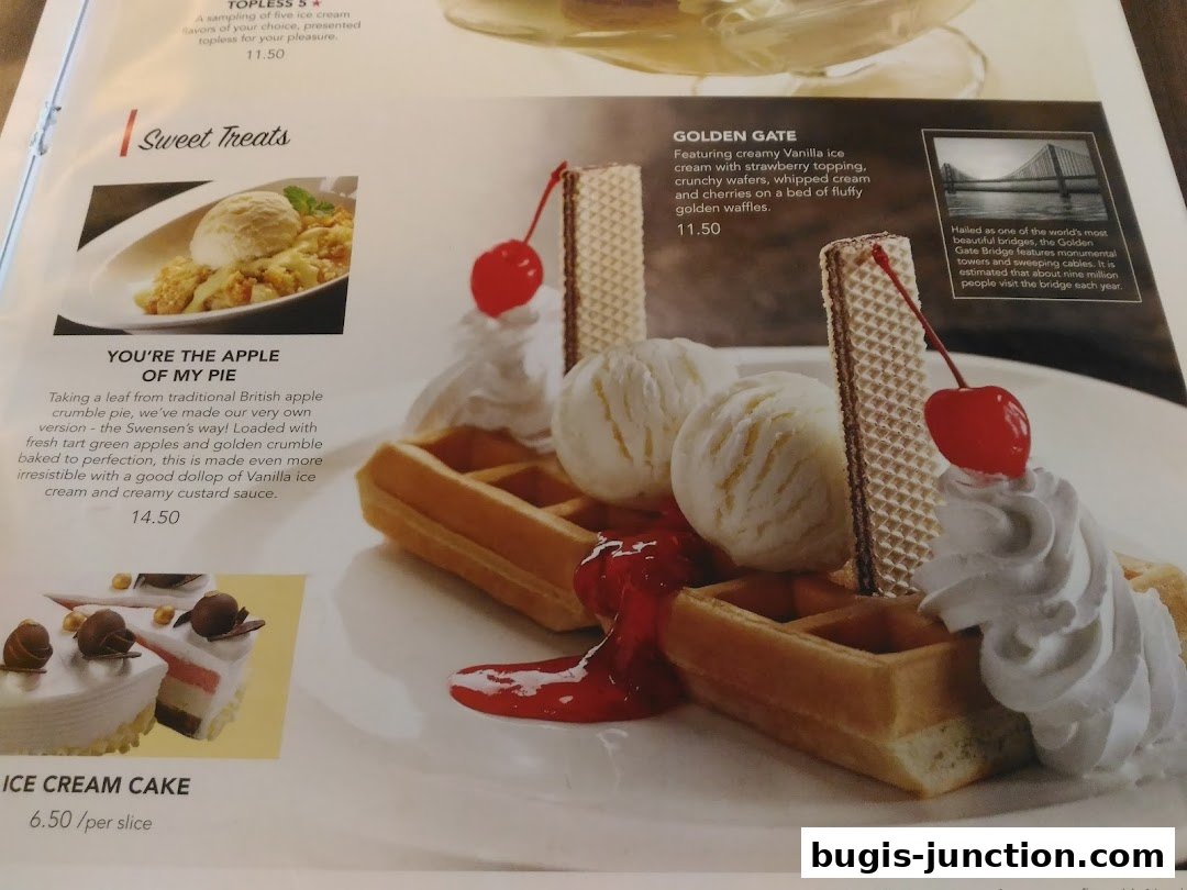 A menu page showcasing sweet treats like apple pie, ice cream cake, and golden gate waffles.