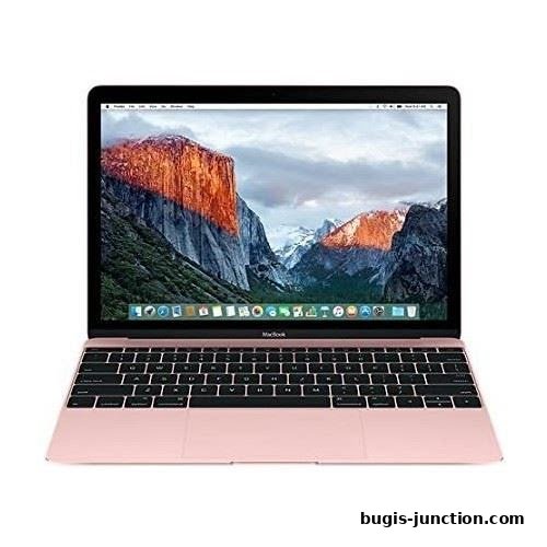 A rose gold MacBook laptop is displayed open against a white background.