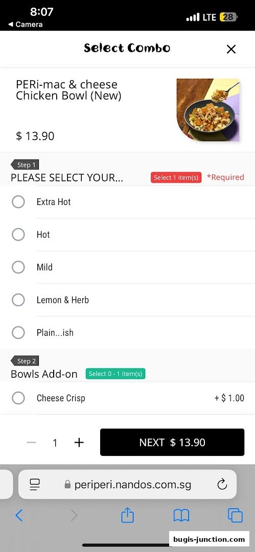 Nando's app screen showing a PERi-mac & cheese Chicken Bowl combo selection.