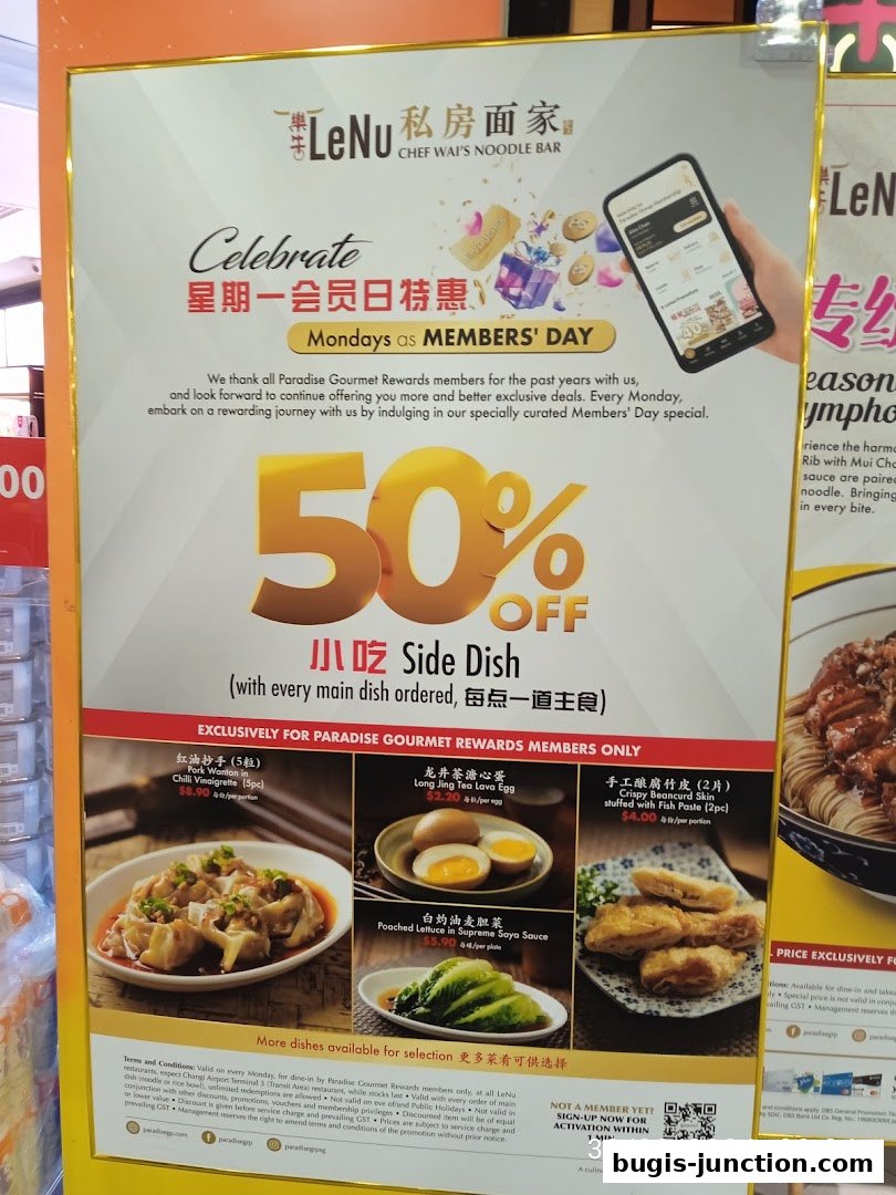 A promotional poster for LeNu Chef Wai's Noodle Bar offering 50% off side dishes for members on Mondays.