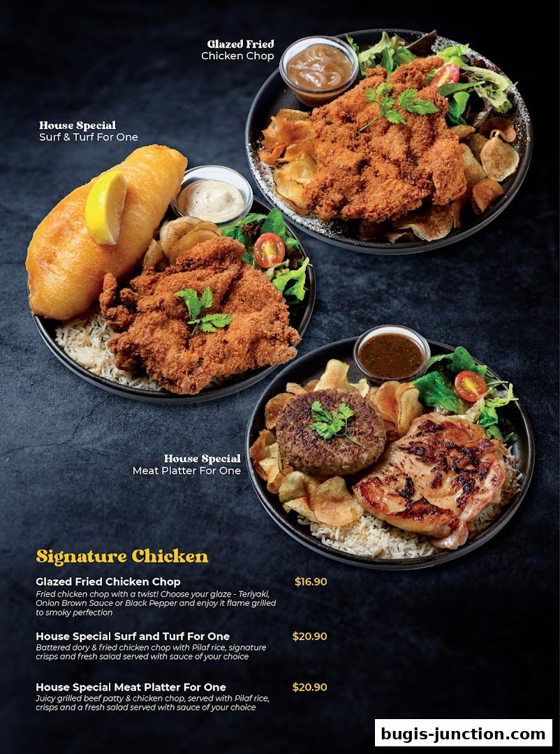 A menu showcasing three signature dishes from Big Fish Small Fish, featuring chicken chops and platters.