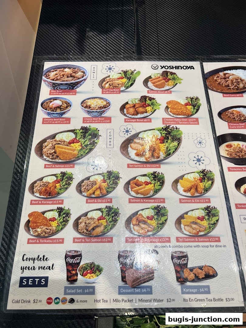 A Yoshinoya menu featuring various Japanese rice bowls and combos with prices.