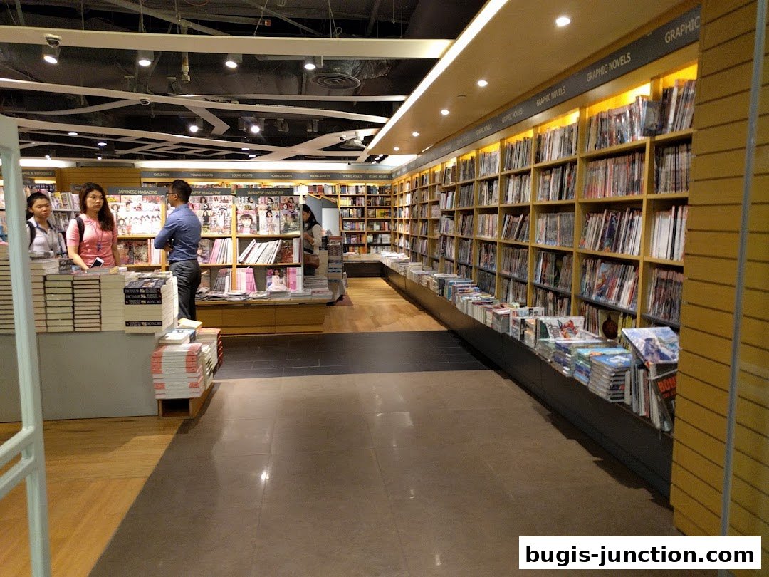Interior view of a well-stocked bookstore with shelves of books and magazines.
