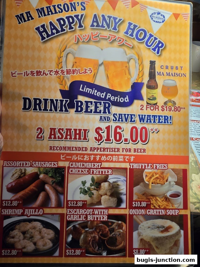 A menu for Ma Maison's Happy Hour featuring beer and recommended appetizers.