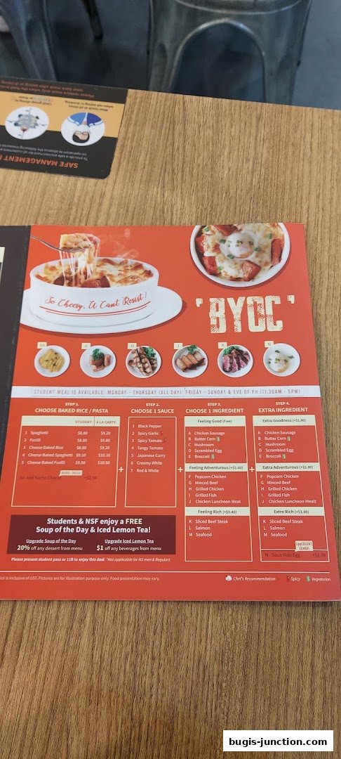 A menu from Eighteen Chefs Bugis Junction showcasing customizable meals with various pasta, sauce, and ingredient options.