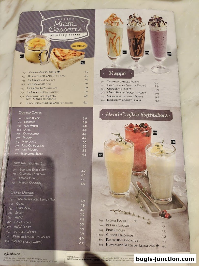 A menu from Josh's Grill featuring desserts, frappes, crafted coffees, teas, and other drinks.