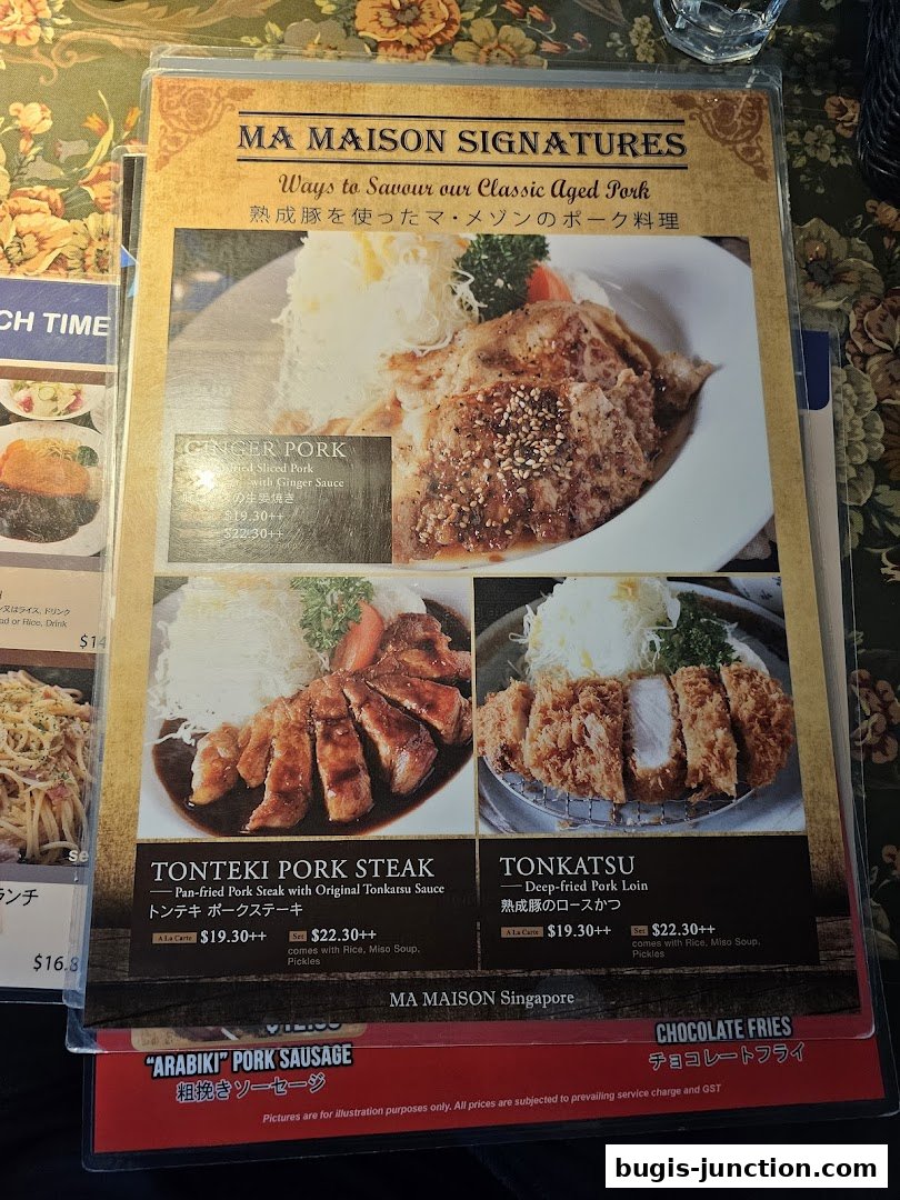 A menu from MA MAISON featuring classic aged pork dishes like Ginger Pork, Tonteki Pork Steak, and Tonkatsu.
