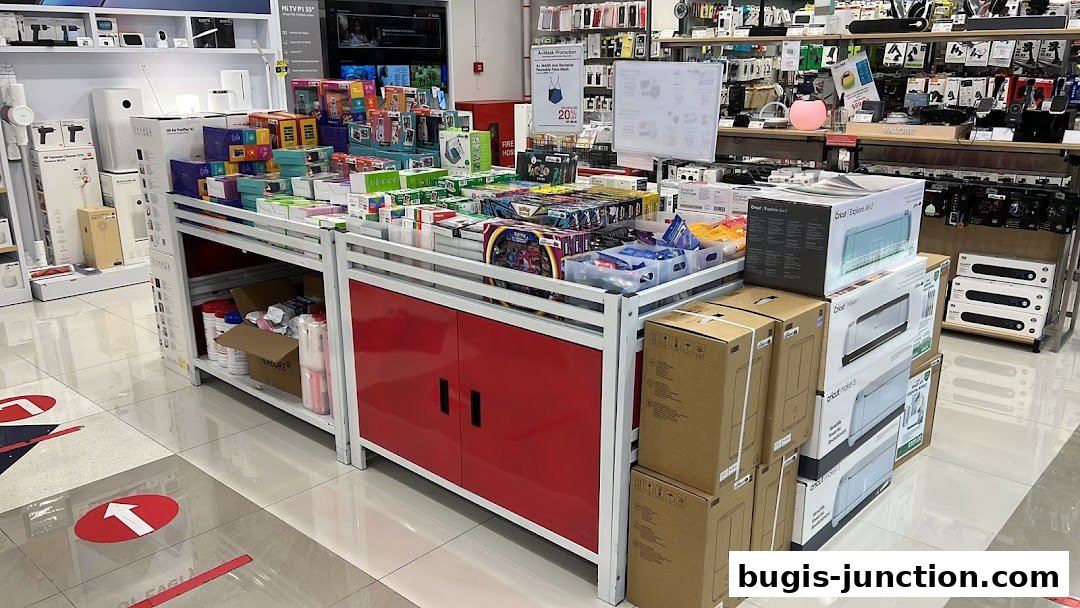 Interior view of a retail store showcasing various electronic gadgets and home appliances.