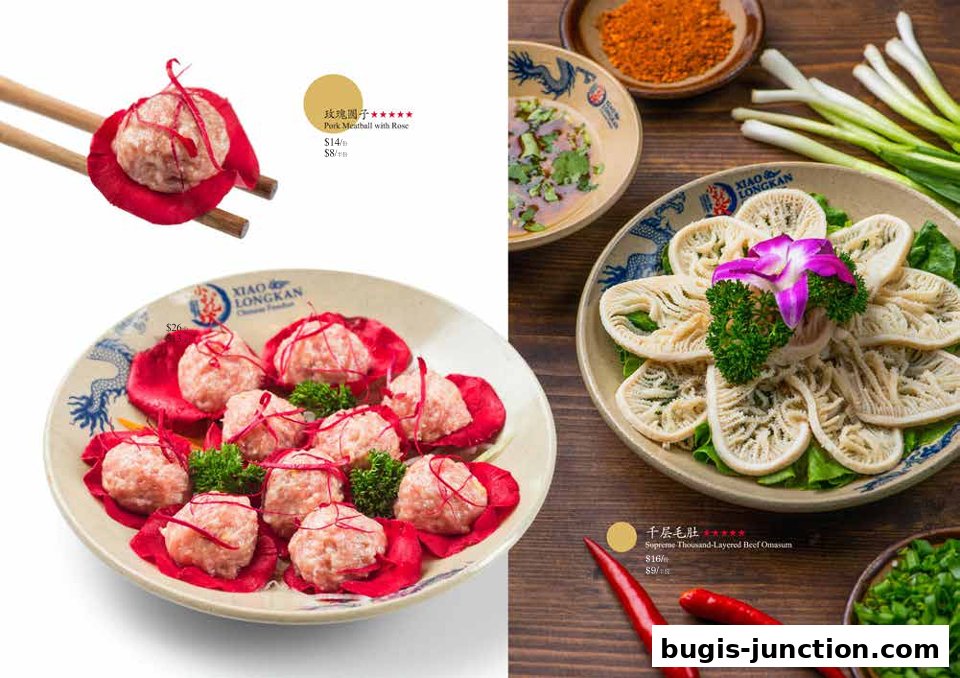A collage of hotpot ingredients, including rose-adorned pork meatballs and tripe.
