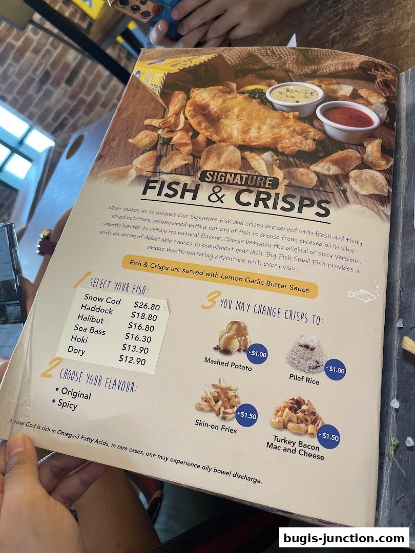 A menu from Big Fish Small Fish featuring their signature Fish & Crisps with various fish and crisp options.