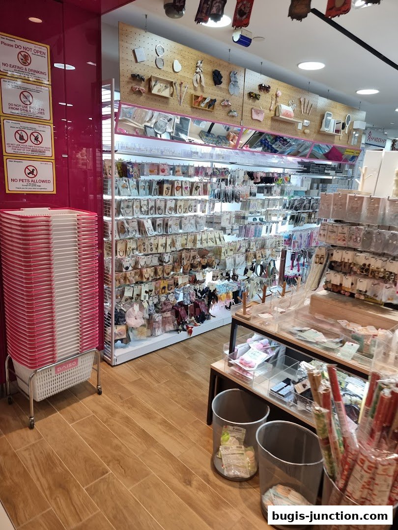 Interior view of a Daiso store showcasing shelves filled with various accessories and household items.