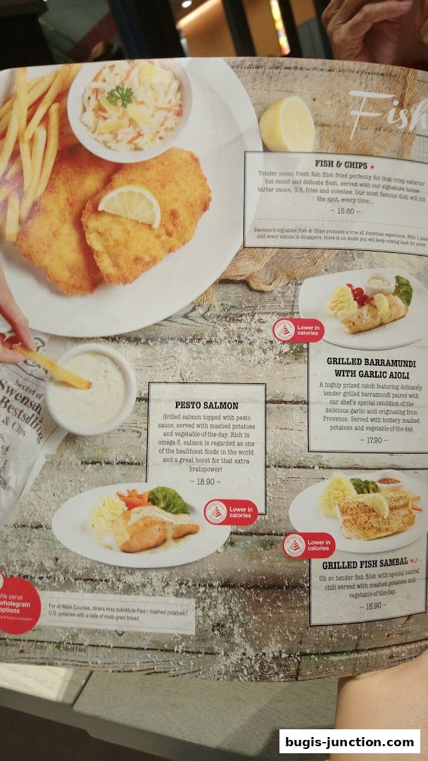A menu page from Swensen's featuring various fish dishes and their descriptions.