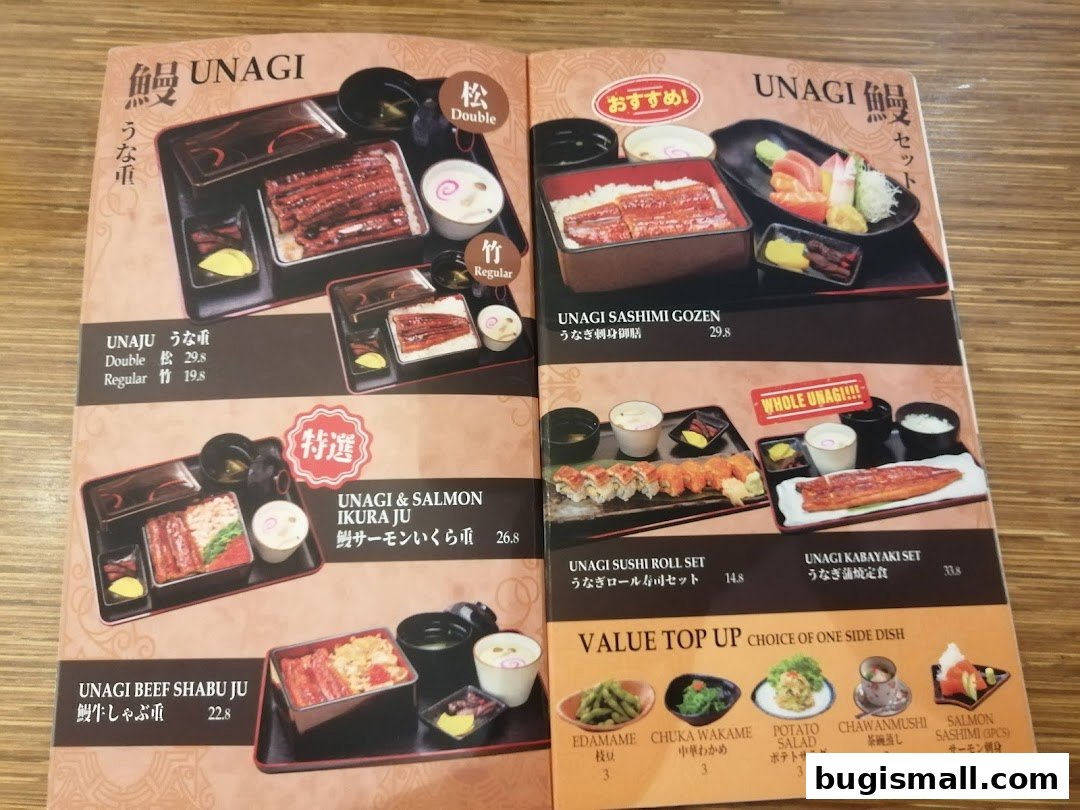 A menu featuring various Unagi dishes, sushi, sashimi, and side dishes.