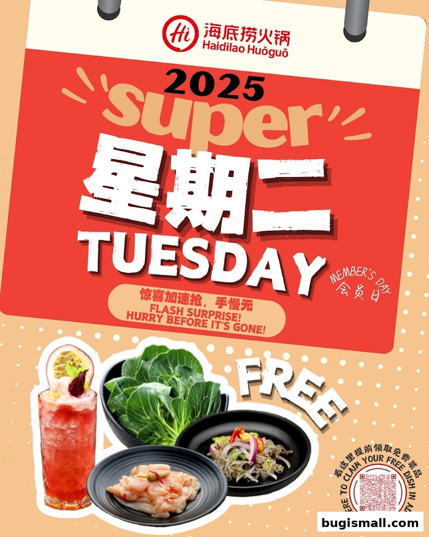 A promotional poster for Haidilao Hot Pot featuring a 'Super Tuesday' offer with free dishes.