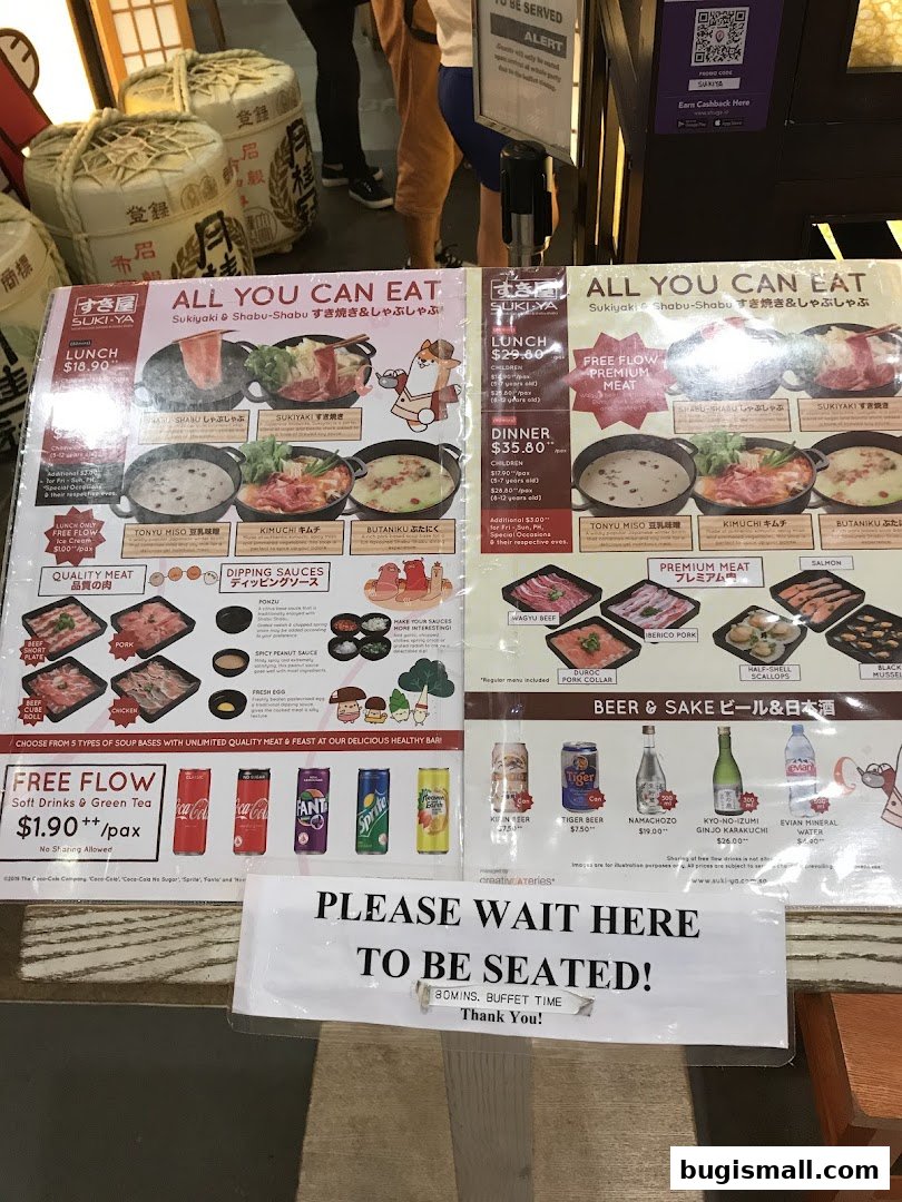 A menu for Suki-Ya's all-you-can-eat Sukiyaki and Shabu-Shabu, featuring lunch and dinner prices.