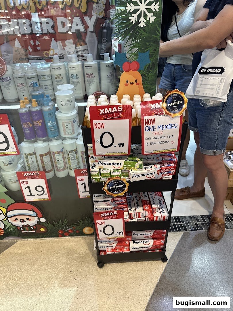 A retail display featuring hair products and Pepsodent toothpaste on sale for Christmas.