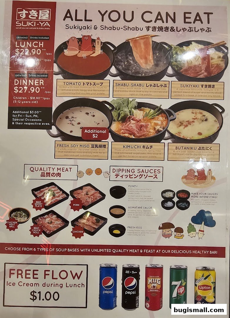 A menu for Suki-Ya offering all-you-can-eat Sukiyaki and Shabu-Shabu with various soup bases and meats.