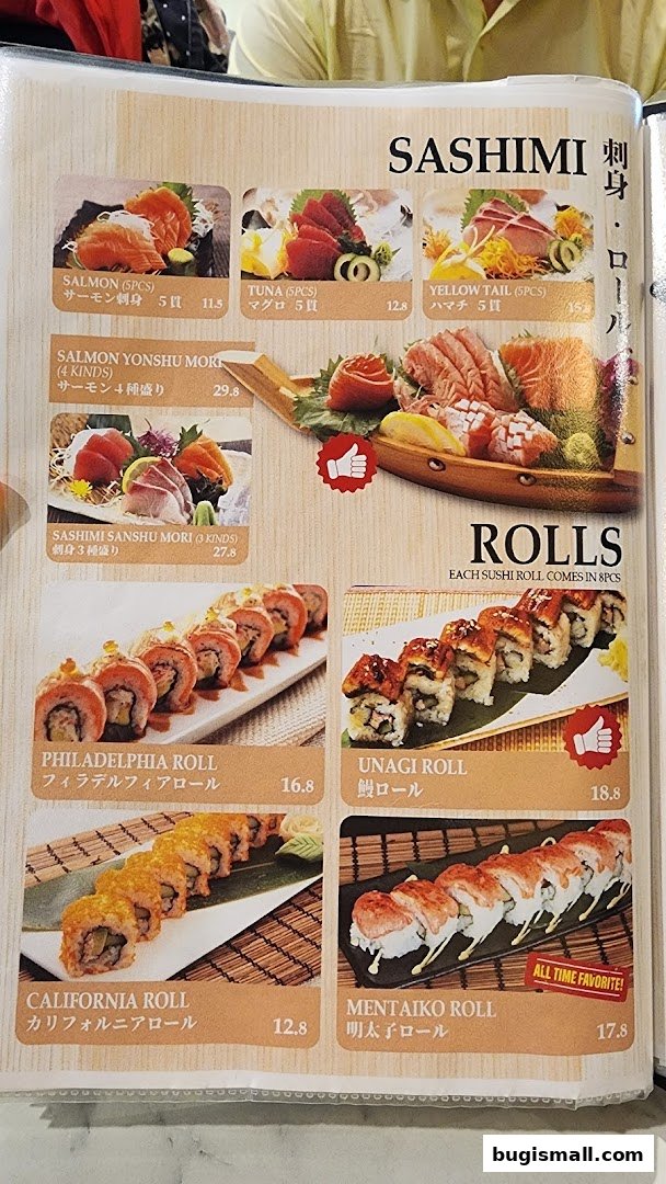 A menu page showcasing various sashimi and sushi rolls with appealing images and prices.
