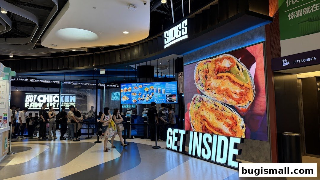 A busy SIDES restaurant with a large digital menu and a prominent display of a chicken wrap.