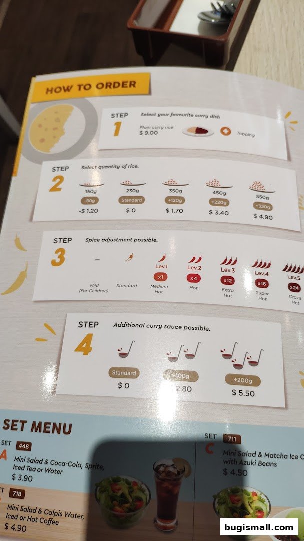 A menu showing how to order CoCo Ichibanya curry rice with options for rice quantity, spice level, and sauce.