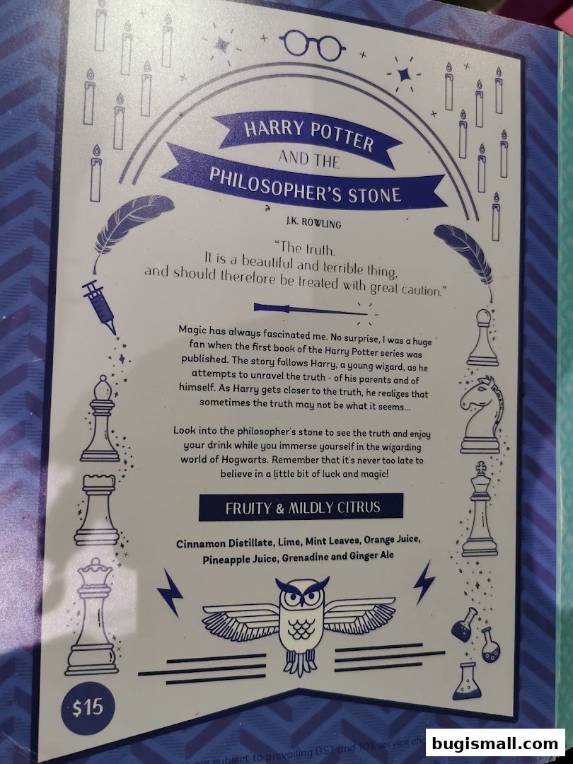 A menu item inspired by Harry Potter and the Philosopher's Stone with ingredients listed.