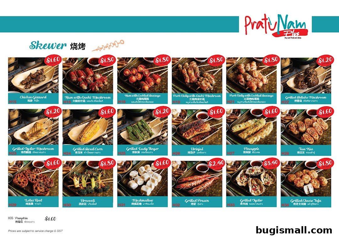 A menu showcasing various grilled skewers with prices and descriptions in English, Chinese, and Thai.