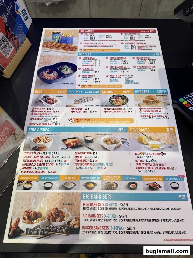 A menu for JINJJA Chicken featuring signature wings, noodles, rice dishes, side dishes, and beverages.