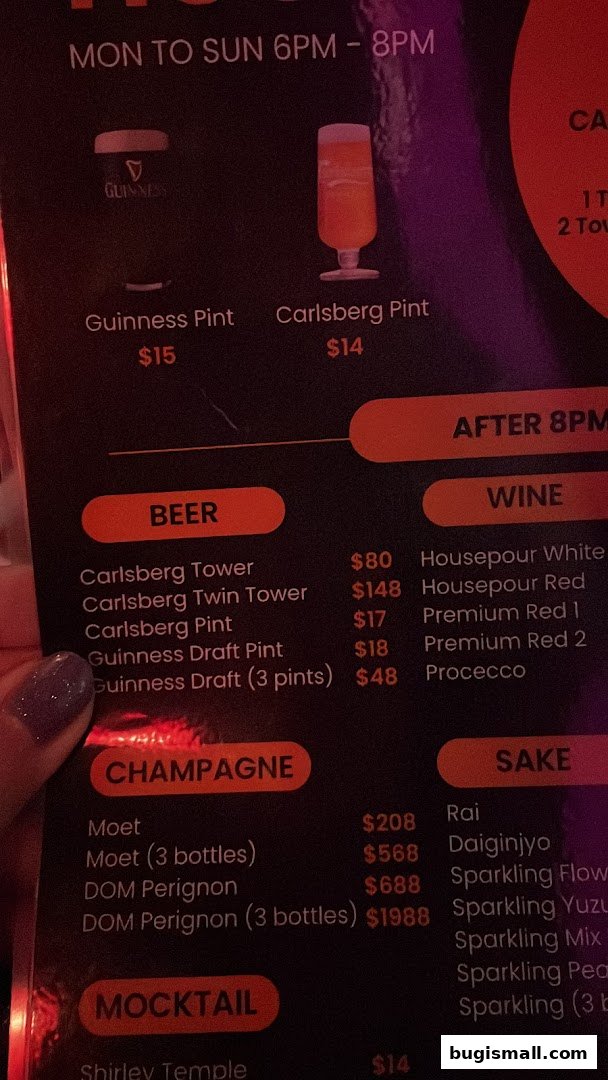 A menu from The Inn Livehouse Bugis featuring beers, wines, champagne, and mocktails.