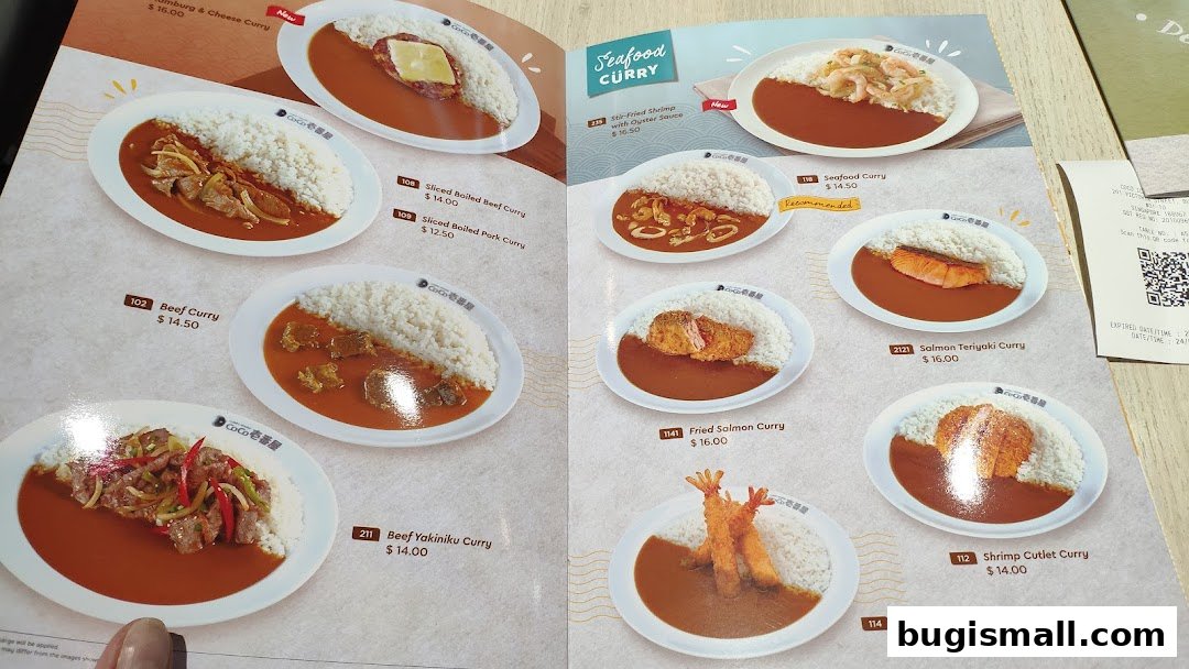 A menu from CoCo Ichibanya featuring various curry dishes with rice.